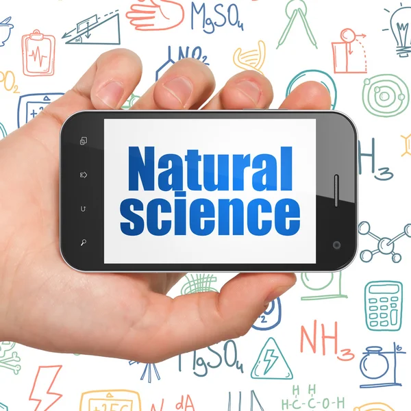 Conceito de ciência: mão segurando Smartphone com ciência natural em exposição — Fotografia de Stock
