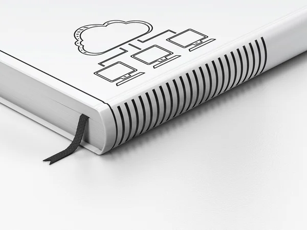 Cloud síťový koncept: uzavřená kniha, mrak síť na bílém pozadí — Stock fotografie