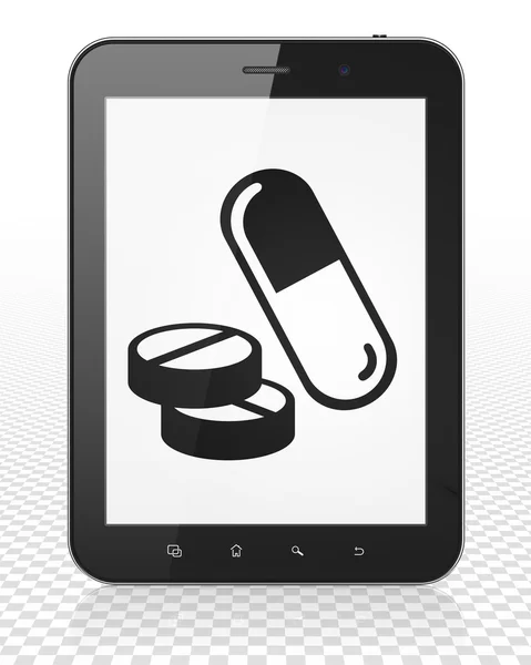 Concepto de medicina: Tablet PC Ordenador con píldoras en pantalla — Foto de Stock