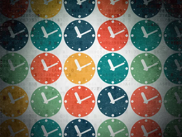 Concepto de tiempo: iconos del reloj en el fondo de papel digital — Foto de Stock