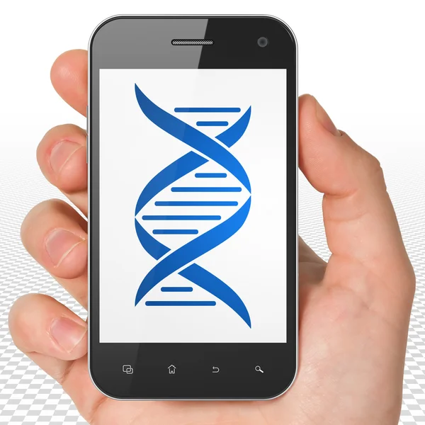 Health concept: Hand Holding Smartphone with DNA on display — Stock Photo, Image