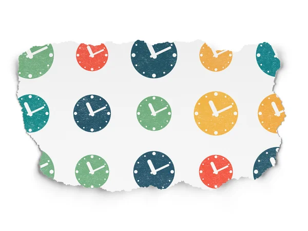 Zaman çizelgesi kavramı: Saat yırtılmış kağıt arka plan simgeleri — Stok fotoğraf