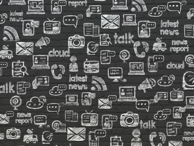 Grunge arka plan: El Çizilmiş Haber Simgeleri ile Siyah Tuğla duvar dokusu