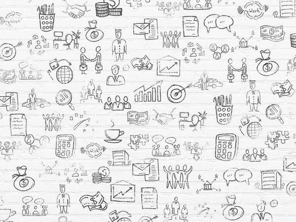 Grunge background: White Brick wall texture with Painted Hand Drawn Business Icons — 스톡 사진