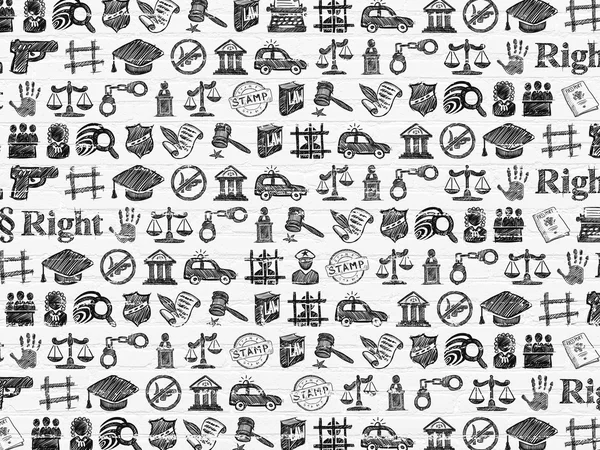 Grunge background: White Brick wall texture with  Hand Drawn Law Icons — Stok fotoğraf