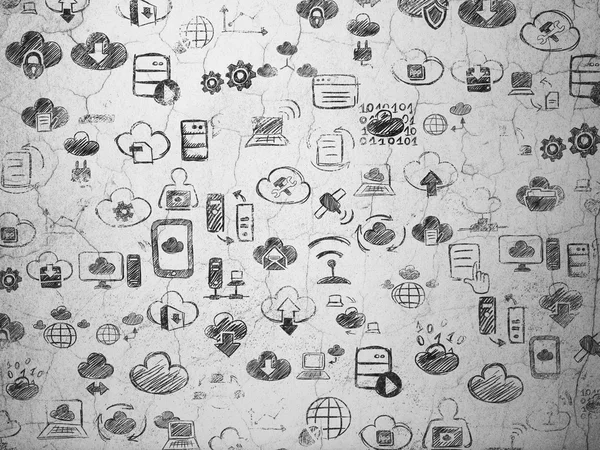 Grunge sfondo: texture della parete con icone dipinte a mano tecnologia Cloud — Foto Stock