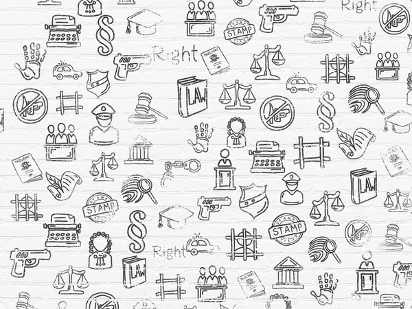 Grunge background: White Brick wall texture with Painted Hand Drawn Law Icons — 스톡 사진