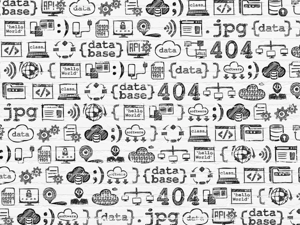 Grunge background: White Brick wall texture with  Hand Drawn Programming Icons