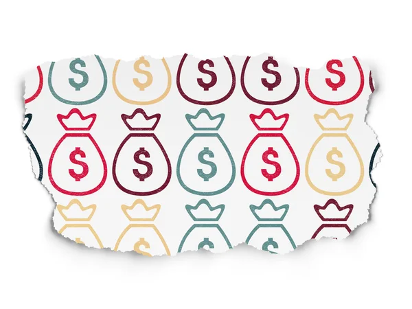 Conceito de dinheiro: Ícones de saco de dinheiro no fundo papel rasgado — Fotografia de Stock