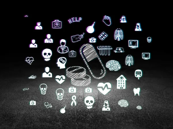 Koncepcja zdrowia: pigułki w ciemnym pokoju grunge — Zdjęcie stockowe