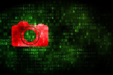 Turizm kavramı: dijital arka plan üzerinde fotoğraf makinesi