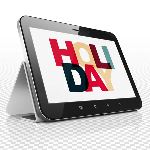 Szabadságolási koncepció: Tablet számítógép ünnepnap kijelzával — Stock Fotó