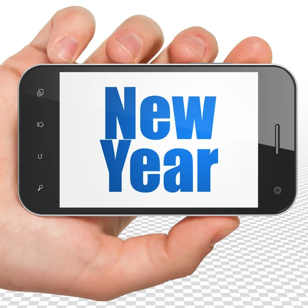 मनोरंजन, अवधारणा: प्रदर्शन पर नए साल के साथ हाथ पकड़ने वाला स्मार्टफ़ोन — स्टॉक फ़ोटो, इमेज