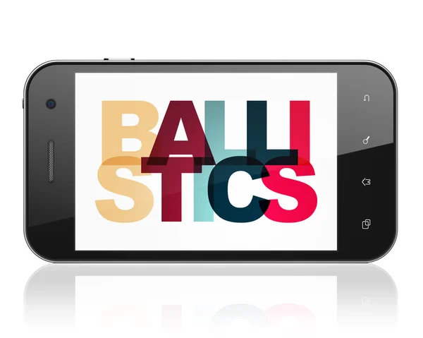 विज्ञान संकल्पना: प्रदर्शन बॅलिस्टिकसह स्मार्टफोन — स्टॉक फोटो, इमेज