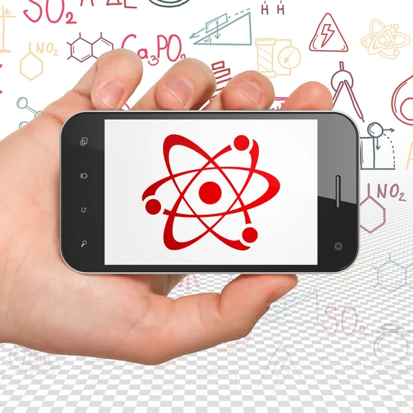 Science concept: Hand Holding Smartphone with Molecule on display — Φωτογραφία Αρχείου