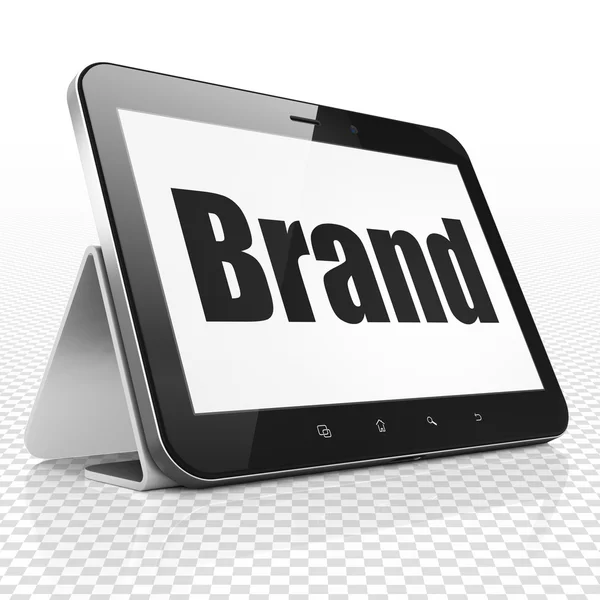 마케팅 개념: 태블릿 컴퓨터 디스플레이에 브랜드와 — 스톡 사진