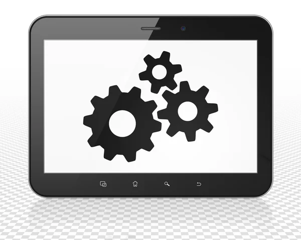 Advertising concept: Tablet Pc Computer with Gears on display — Stock fotografie