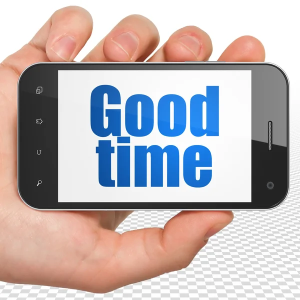 Time concept: Hand Holding Smartphone with Good Time on display — Stok fotoğraf