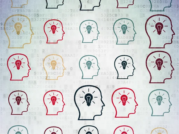 Marketing concept: Head With Lightbulb icons on Digital Paper background — Zdjęcie stockowe
