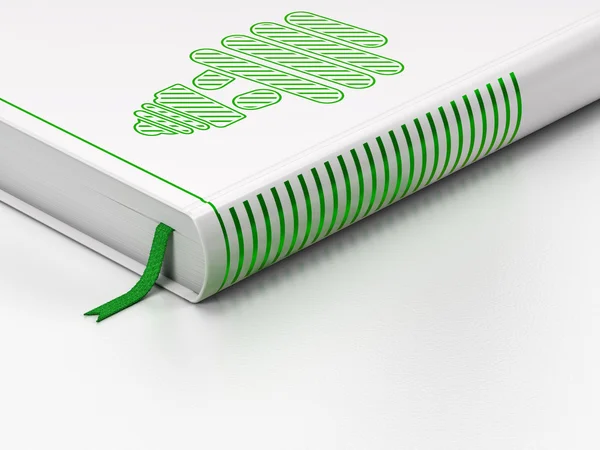 Concept de financement : livre fermé, lampe à économie d'énergie sur fond blanc — Photo