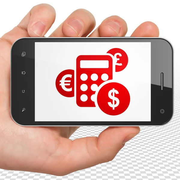 Financiën concept: Hand Holding Smartphone met Rekenmachine op display — Stockfoto