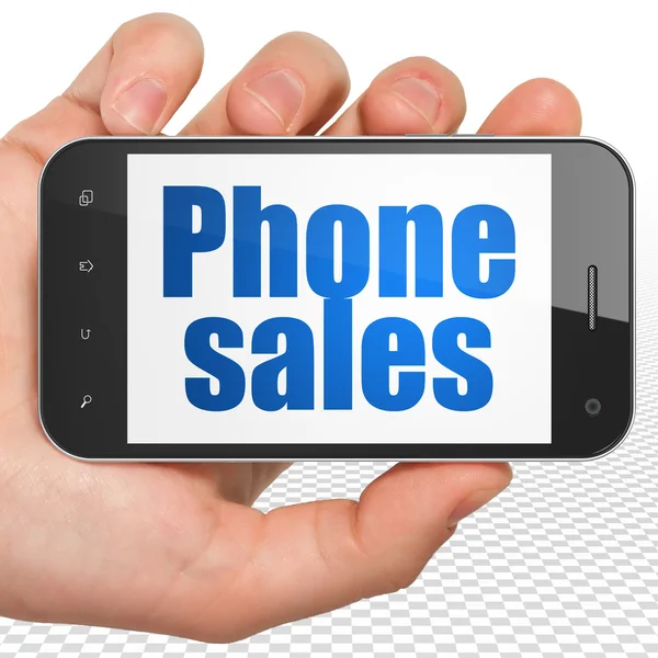 Concepto publicitario: Smartphone de mano con ventas de teléfono en pantalla — Foto de Stock