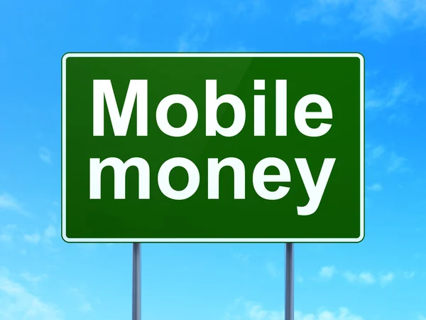 Conceito de moeda: Mobile Money on road sign background — Fotografia de Stock