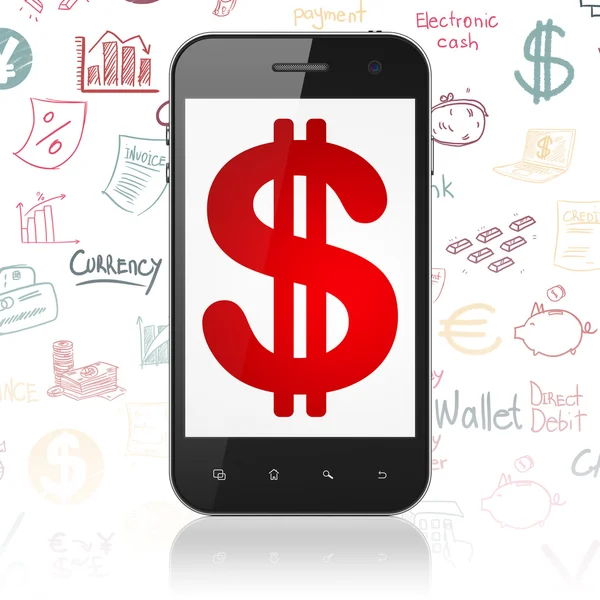 แนวคิดการเงิน: สมาร์ทโฟนที่มีดอลลาร์บนจอแสดงผล — ภาพถ่ายสต็อก