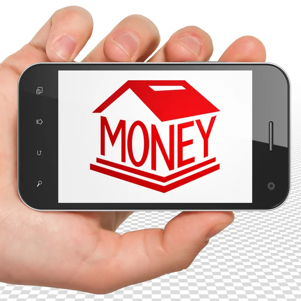 Money concept: Hand Holding Smartphone with Money Box on display — Stock Photo, Image