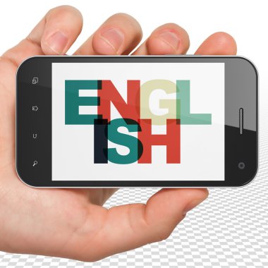 Çalışma konsepti: İngilizce ekranda El Holding Smartphone