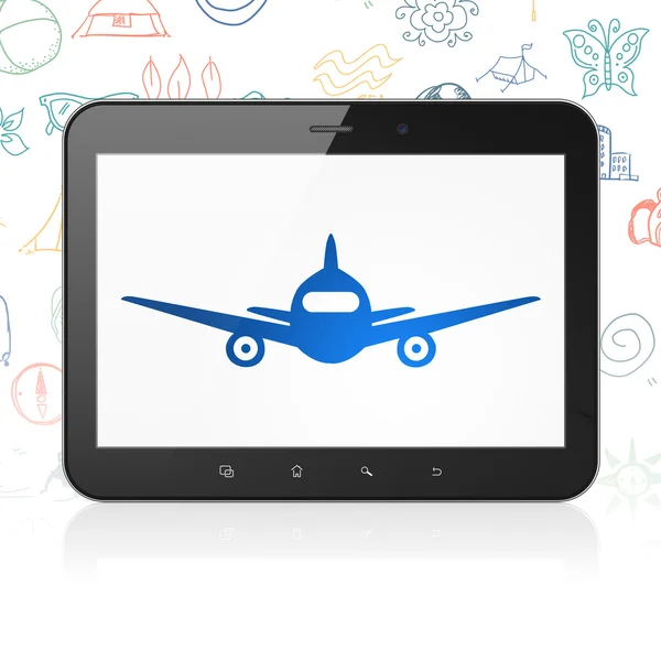 Concept de voyage : Tablette avec avion à l'écran — Photo