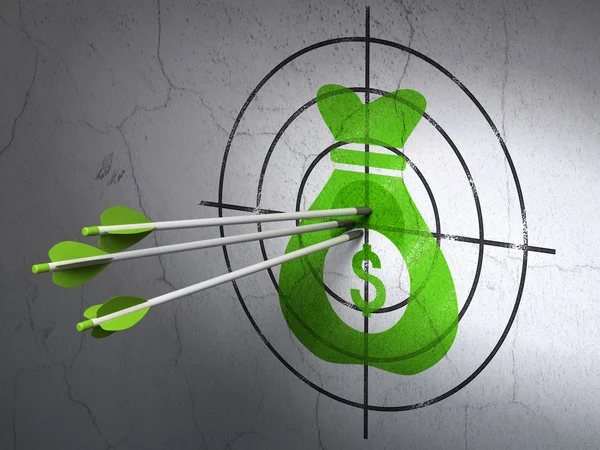 Business concept: arrows in Money Bag target on wall background — Stock Photo, Image