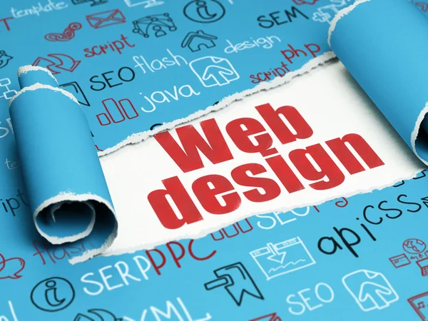 Concetto di sviluppo web: testo rosso Web Design sotto il pezzo di carta strappata — Foto Stock