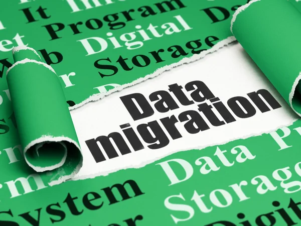 Conceito de informação: texto preto Migração de dados sob o pedaço de papel rasgado — Fotografia de Stock