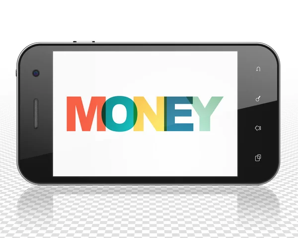 Koncepcja waluty: Smartphone z pieniędzy na wyświetlaczu — Zdjęcie stockowe