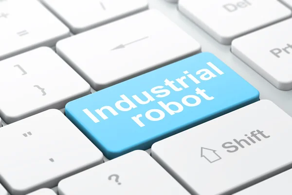 Concepto de fabricación: Robot industrial en el fondo del teclado del ordenador —  Fotos de Stock