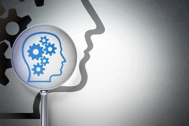 reklam kavramı: gears ile dijital arka plan üzerinde optik cam ile baş