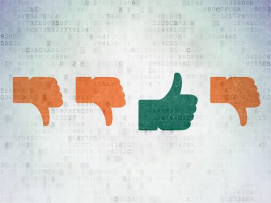 Sosyal medya kavramı: başparmak yukarı dijital kağıt arka plan üstünde kutsal kişilerin resmi