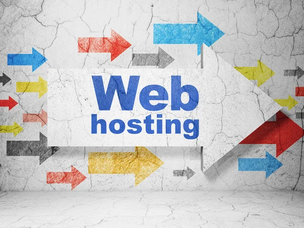 Conceito de desenvolvimento Web: seta com Web Hosting em fundo parede grunge — Fotografia de Stock