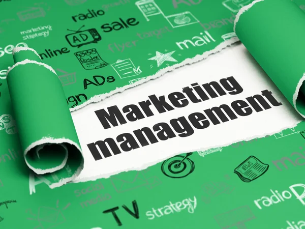 Koncepcja marketingu: czarny tekst Marketing Management pod kawałek torn Księga — Zdjęcie stockowe