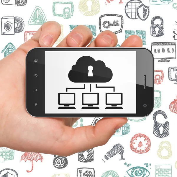 Schutzkonzept: Smartphone mit Cloud-Netzwerk in der Hand — Stockfoto