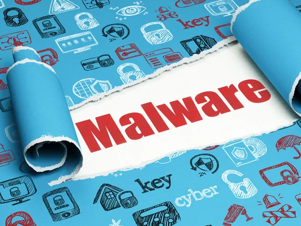 Security concept: rode tekst malware onder het stuk van gescheurde papier — Stockfoto