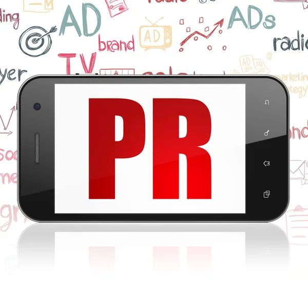 Concepto de marketing: Smartphone con PR en pantalla —  Fotos de Stock