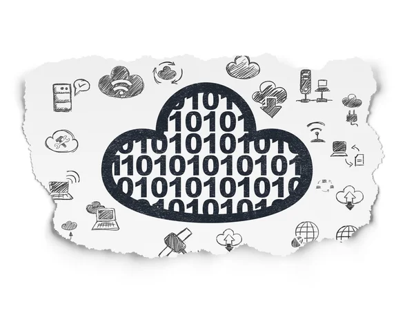 Nätverkskoncept i molnet: Cloud med kod på sönderrivet papper bakgrund — Stockfoto
