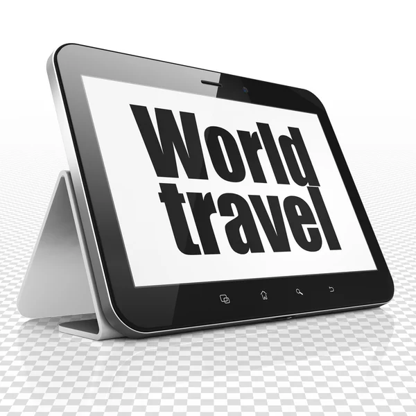 Concepto de turismo: Tablet Computer con World Travel en exhibición — Foto de Stock