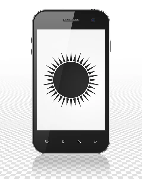 Koncepcję wakacji: Smartphone z słońce na wyświetlaczu — Zdjęcie stockowe