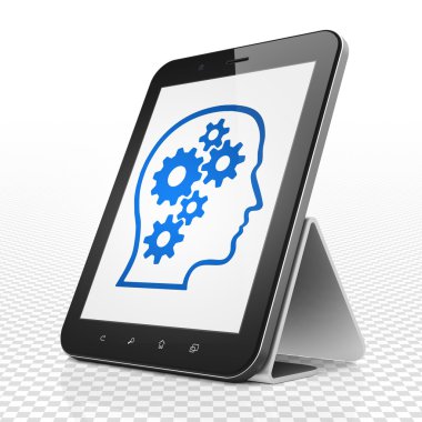 Learning concept: Tablet Computer with Head With Gears on display