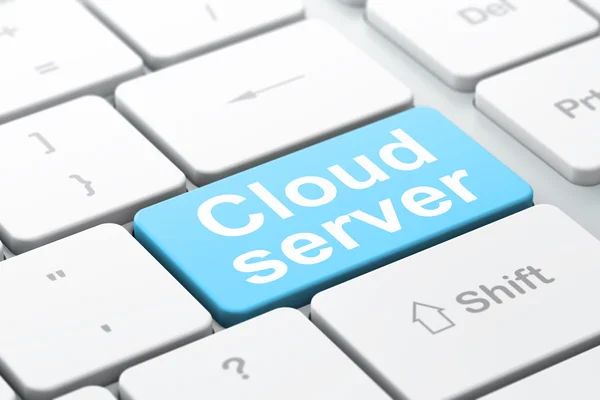 Conceito de rede em nuvem: Servidor em nuvem no fundo do teclado do computador — Fotografia de Stock