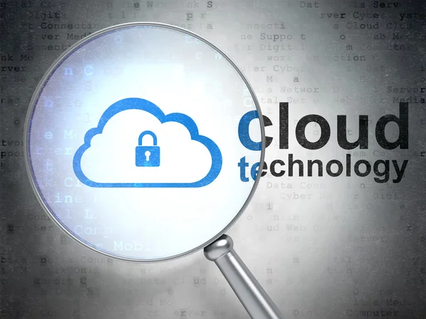 Koncepce technologie cloud: mrak s technologií Padlock a Cloud s optickým sklem — Stock fotografie