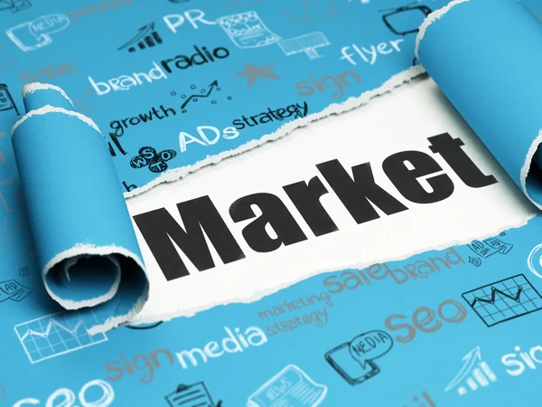 Koncepcja marketingu: czarny tekst rynku na kartce papieru poszarpane — Zdjęcie stockowe